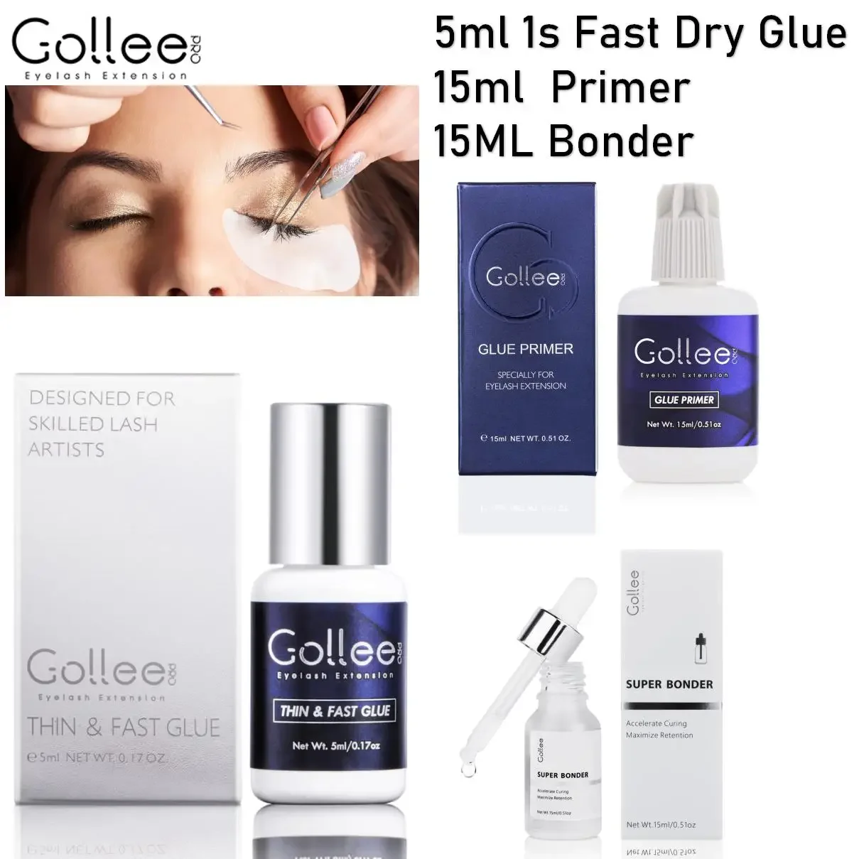 Gollee A02 Eyelash Extension Glue & Lash Primer & Super Bonder 1 Sec Fast Drying 6-8 Week Black Adhesive Professional Use