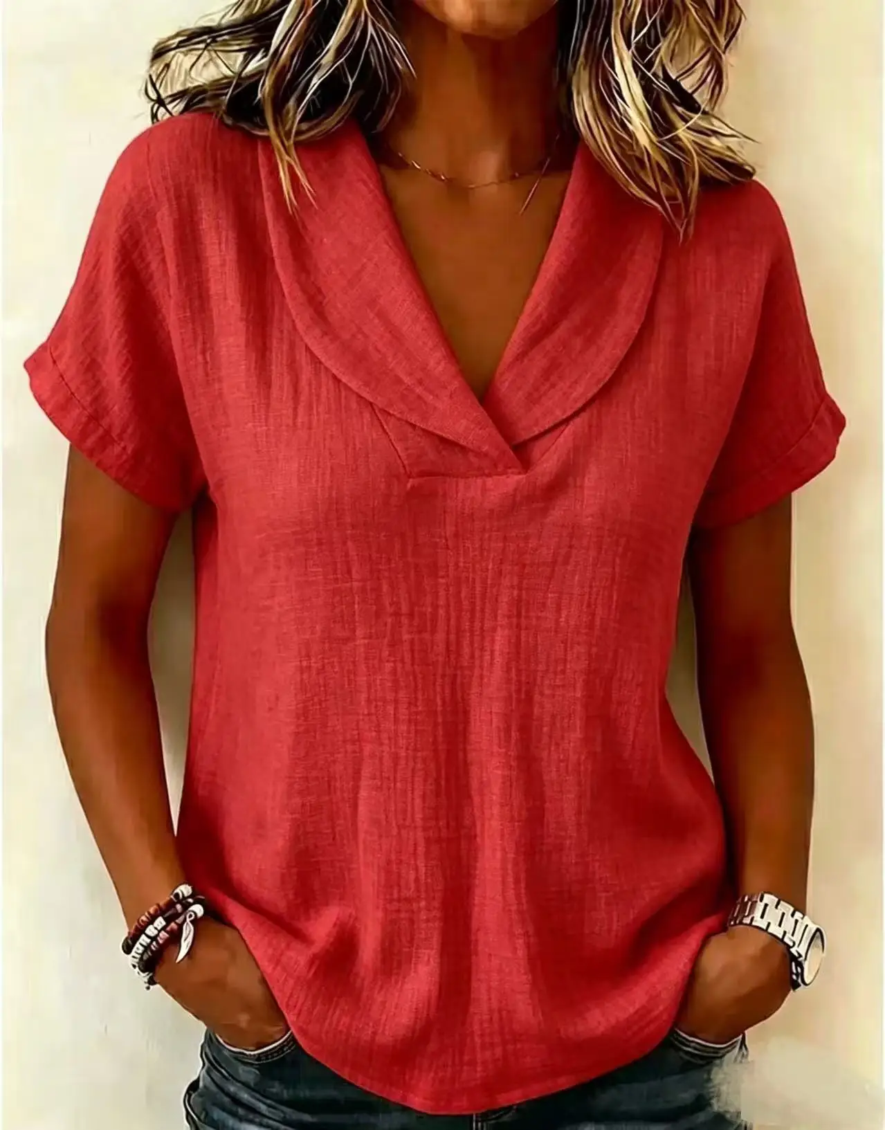 2026 Neues Sommer-Damen-Strickoberteil in Unifarbe mit Kurzarm, Schleifenkragen, Lässiges Damen-T-Shirt für Europäische & Amerikanische Märkte – Detail 8