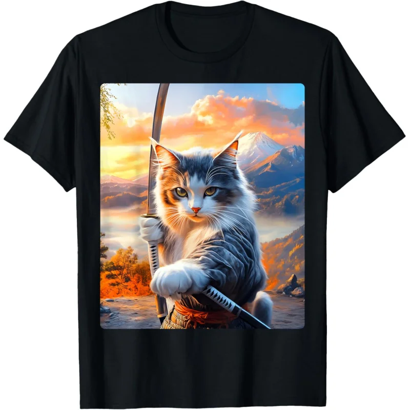 Samurai Cat kawaii Japan Katana funny T-shirt