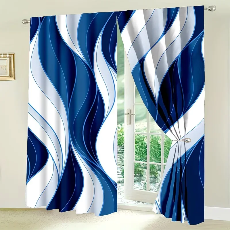 2pcs Blue and White Striped Print Curtains - Rod Pocket Window Drapes. Modern Window Treatments