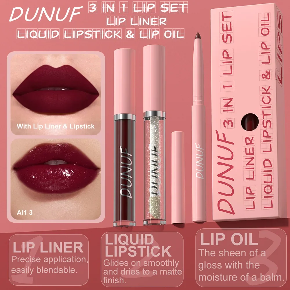 DUNUF Liquid Lipstick Velvet Matte Lip Liner Pearlescent Lip Oil 3In1 Kit Waterproof Non-Sticky Matte Strong Color Rendering