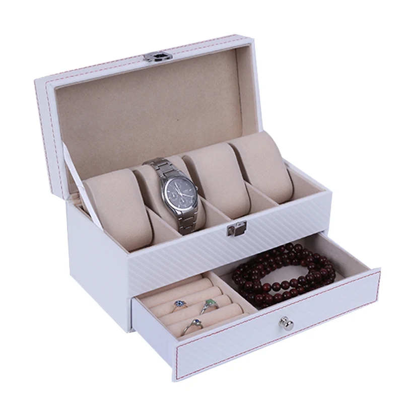 High Quality Carbon Fiber  Leather Case 4 Grid Double Layer Watch Box for Men and Women Jewelry  Organizer Display The Best Gift