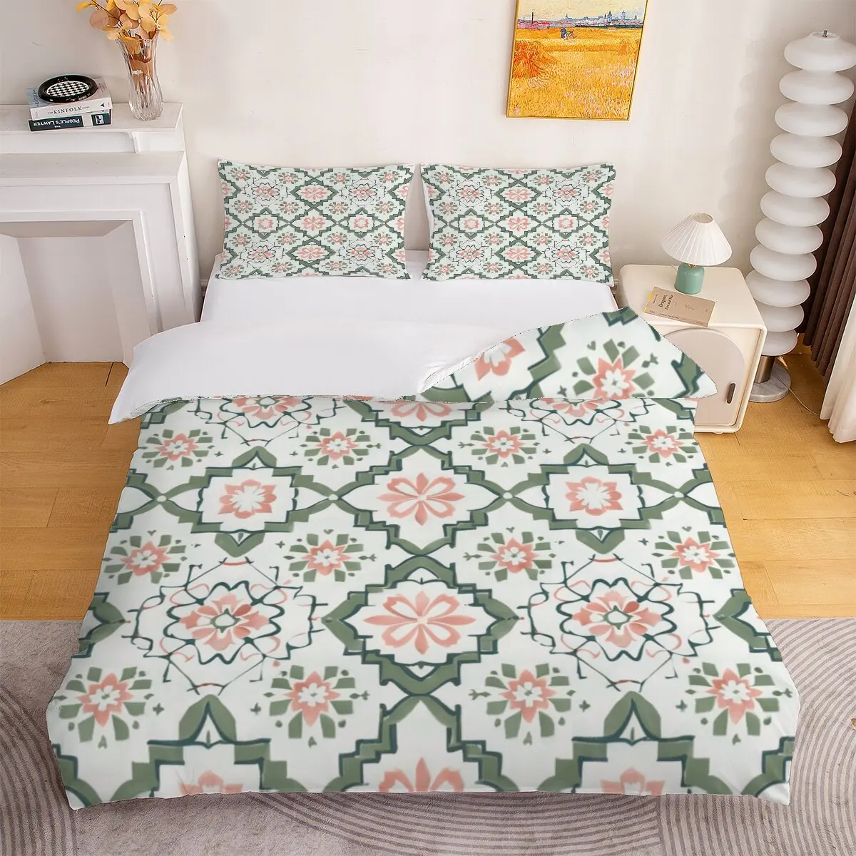 Octagonal check  Down comforter set large size  peach blossom pattern  Printed duvet cover 3-piece set with 2 pillowcases