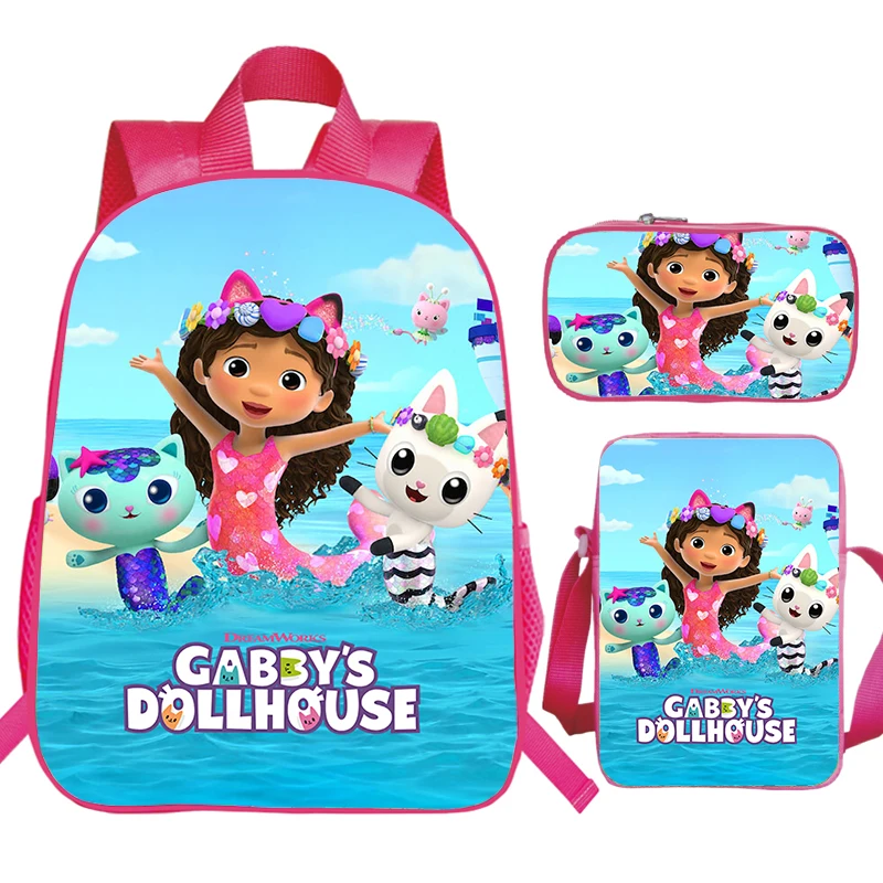 Children\'s 3pcs Set Backpack Gabby\'s Dollhouse Print Waterproof School Bags Girls Bookbag Cute Kindergarten Bag Preschool Kids