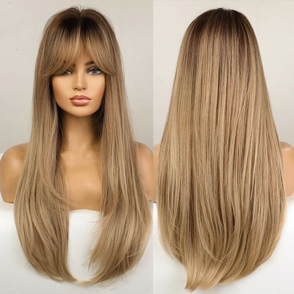 

Long Straight Wig Ombre Brown Synthetic Wigs with Bangs for Women Party Daily Use