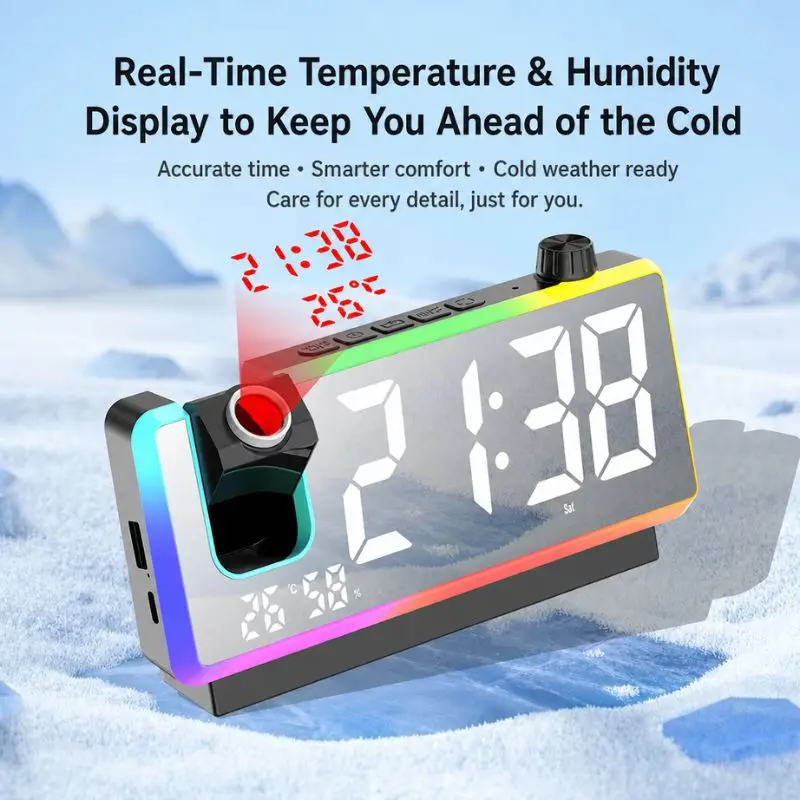 Rgb Electronic Led Digital Alarm Clock Dual Time Temperature Projection Wake Up Timer Desktop Bedside Decor Clock For Bedroom
