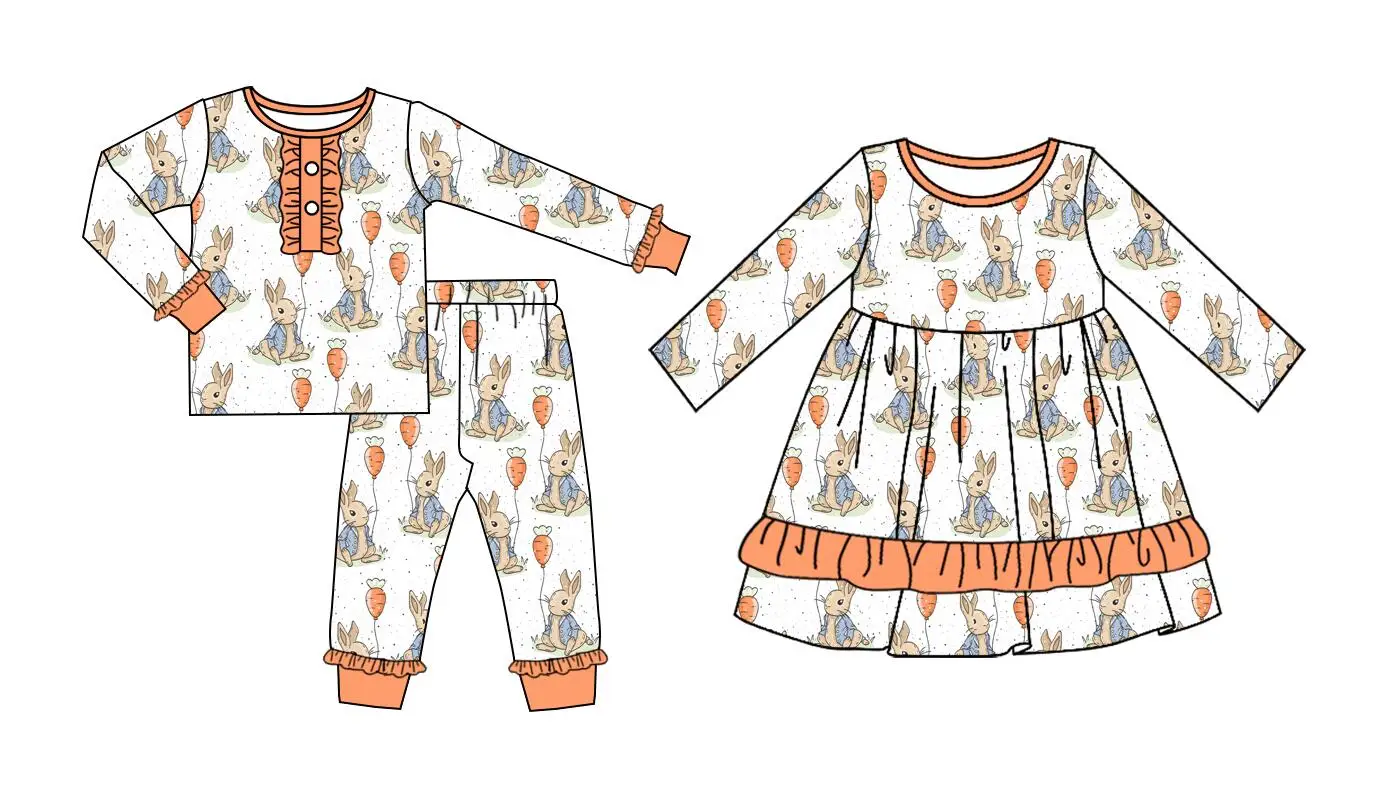 Easter boutique children's set lace long-sleeved elastic rabbit carrot print trousers lace girl set baby jumpsuit dress pajama