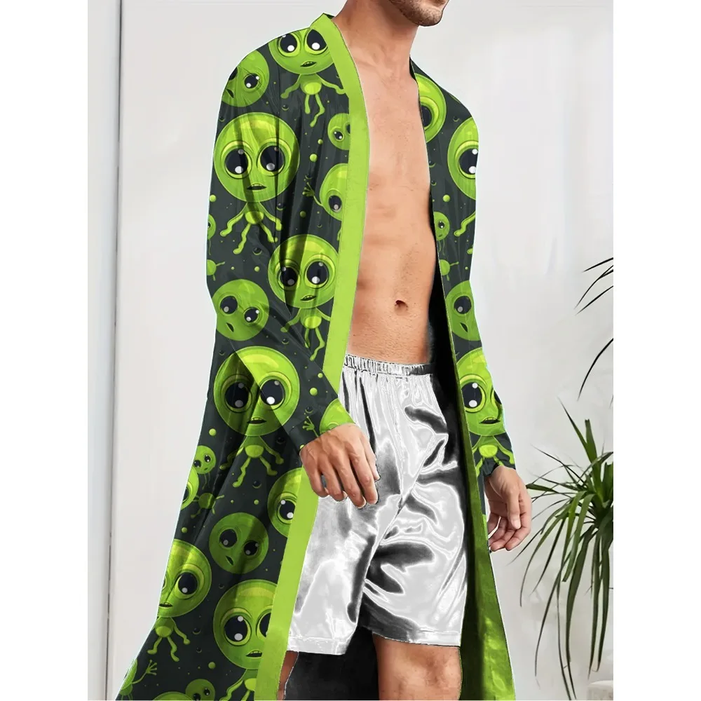 

Men's long robes with digital printed alien patterns, fun sleeping robes for home and leisure entertainment.