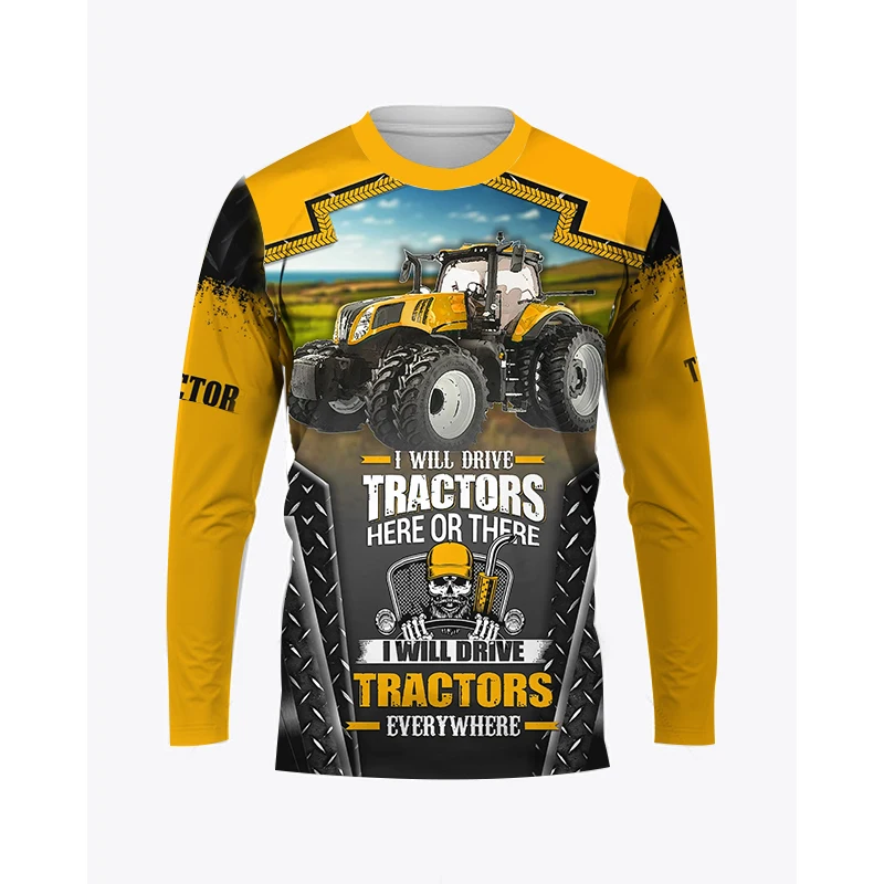 

3D Farm Tractor Print Men's Long Sleeve T-Shirt Autumn Daily Outdoor Farmer Work Clothes Loose Round Neck Quick Dry Pullover Top