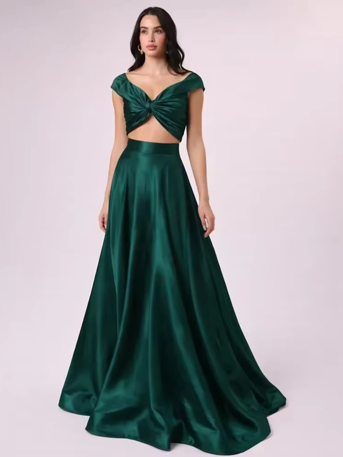 Customized Exquisite Emerald Green Off Shoulder V-neck Knot Cutout Two Piece A-line Satin Evening Dresses New Elegant Prom Dress