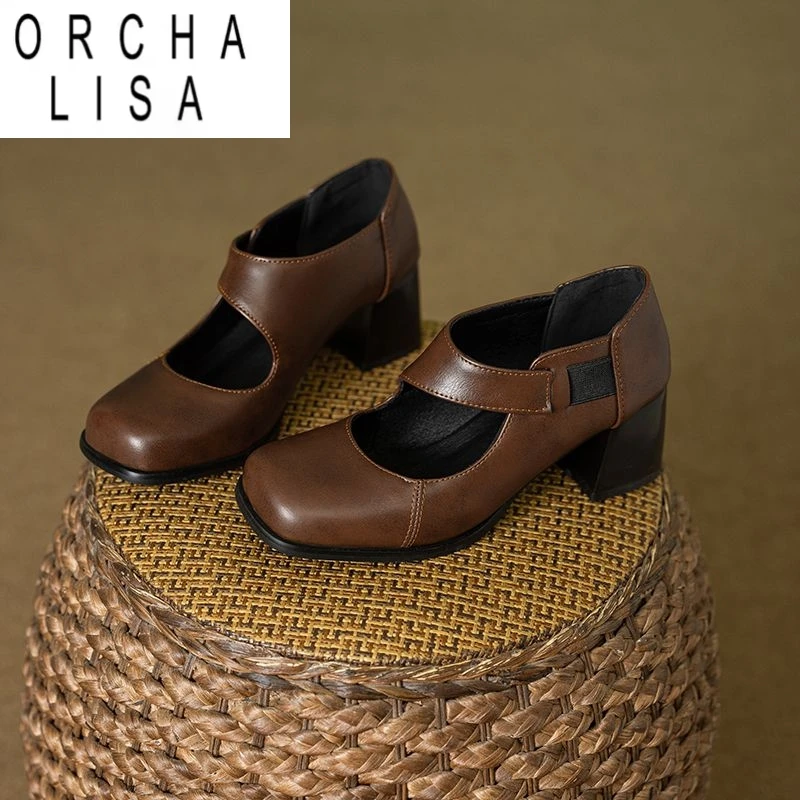 

ORCHA LISA Новые женские туфли-лодочки в стиле ретро с квадратным носком и блочным каблуком 5,5 см, эластичная лента, большой размер 45, 46 47, мягкая повседневная женская обувь Мэри Джейн