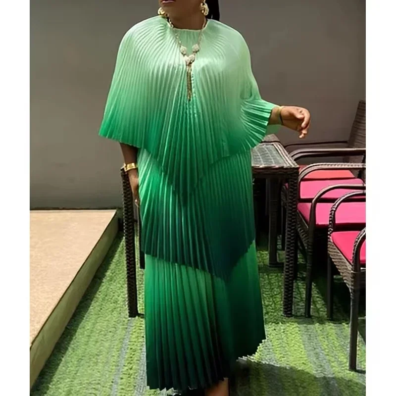 EGRM Miyake Fold 2024 New Dual Color Batwing Sleeve Shirt Louver Skirt Design Two-piece Set Gradient Pleated Clothes Women 3C872