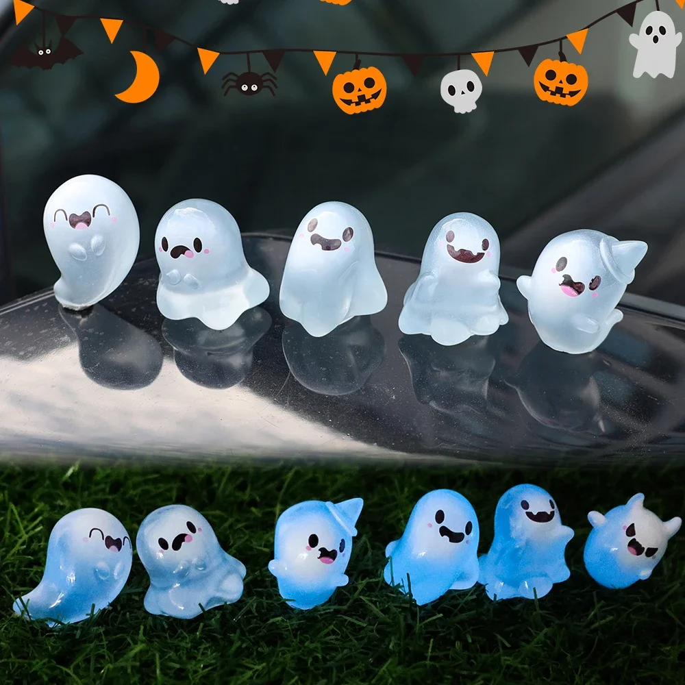 1/6PCS Car Halloween Glowing Ghost Ornament Cute Mini Resin Dolls Moss Micro Landscape DIY Desktop Decoration Kawaii Crafts