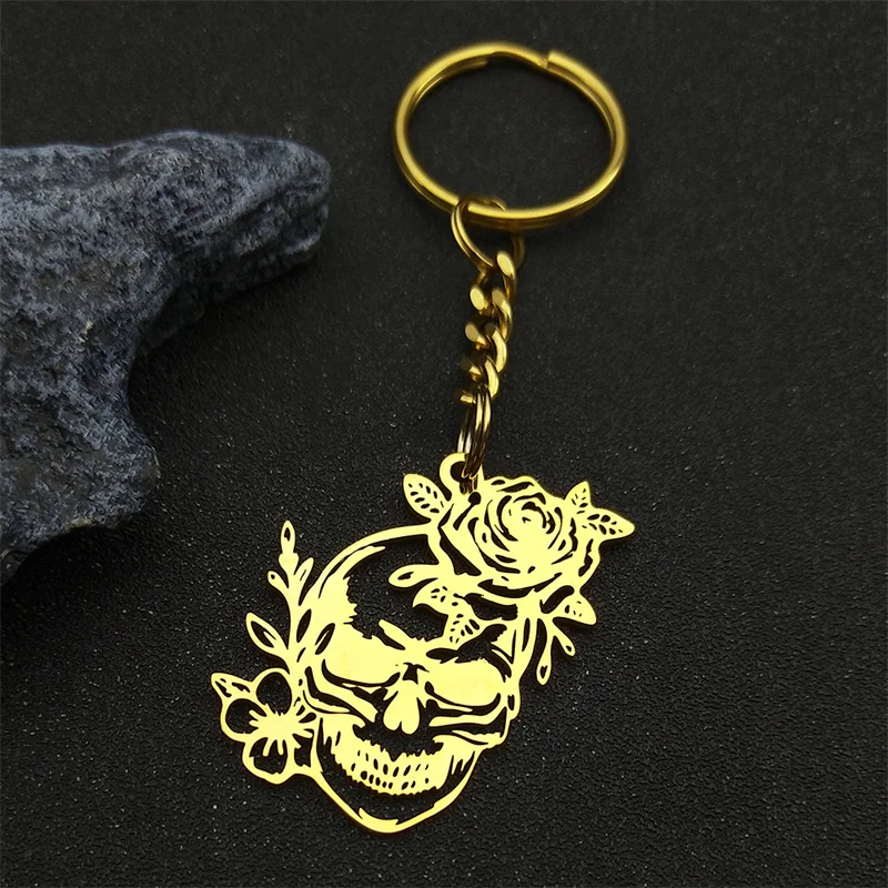 Edelstahl Gothic Schädel Rose Blume Anhänger Schlüsselanhänger für Männer Frauen Gold Farbe Skelett Retro Punk Party Schmuck Geschenk – Detail 5