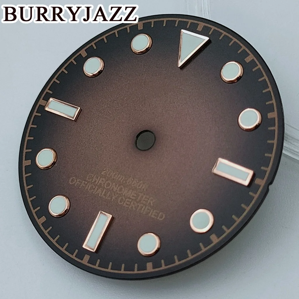 BURRYJAZZ 29mm No Logo NH35 NH36 ETA2824 2836 PT5000 Miyota 8215 Watch Dials Brown Dial Green Luminous Fit 3 O\'clock Case Crown