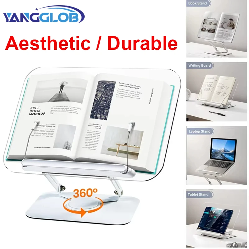 

Акриловая подставка для книг для чтения Регулируемый держатель для книг с 360° ° Эластичные зажимы для страниц с вращающимся основанием. Складная подставка для ноутбука.