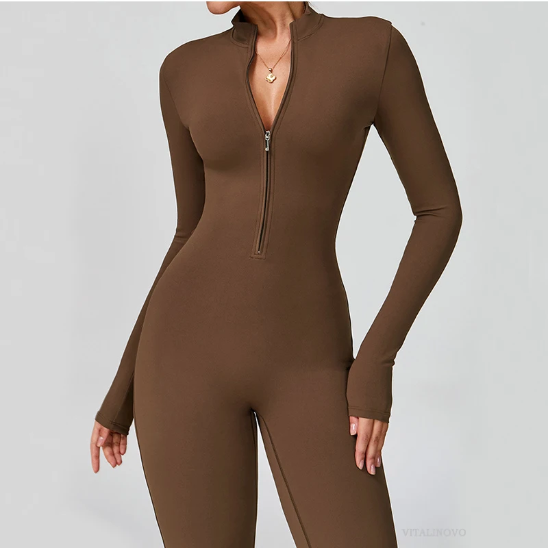 VITALINOVO Damen-Overall mit langen Ärmeln, Flare-Workout-Overall, Reißverschluss, Strampler, Hose, weites Bein, Ganzkörper-Body, figurbetont, einteilig – Detail 25