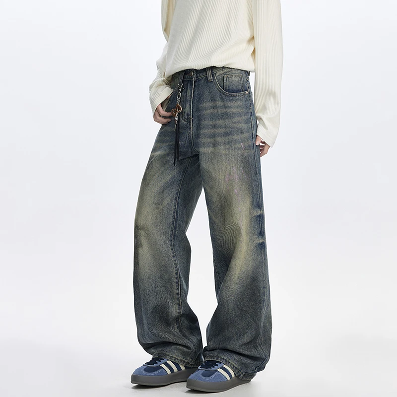Luzhen lavado jeans vintage em linha reta casual original masculino desgastado 2025 nova moda de alta qualidade perna larga calças jeans masculino jy4329