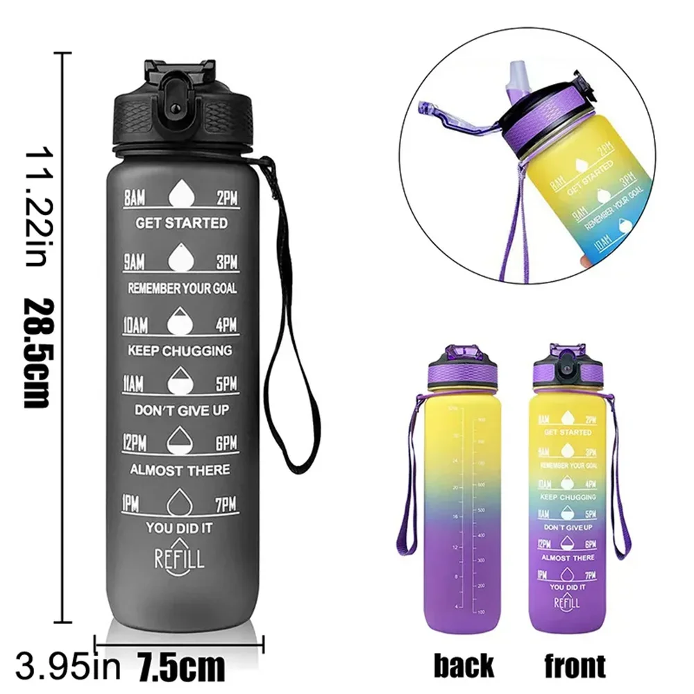 1L Water Bottle Gradient Color Motivational Sports Water Bottle with Time Marker Leak-proof Cup for Office, Gym, Outdoor