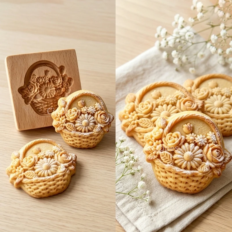 Wooden Cookie Molds with Flower Patterns, 3D DIY Carved Embossed Cookie Cutter Moulds for Baking, Springerle Fondant Biscuit