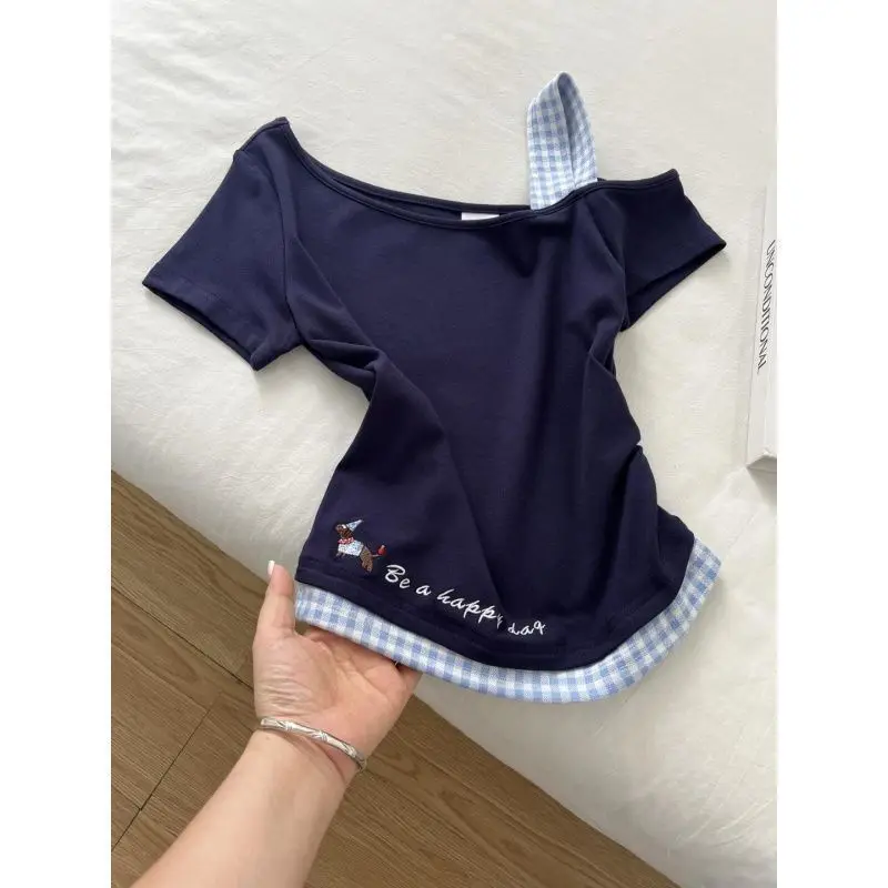 Summer Women's New Arrival Color-contrast Embroidered Plaid Spliced Slant Collar Off-shoulder Fitted Short-sleeve T-shirt