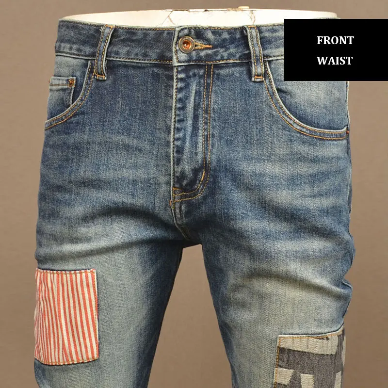 High Street Fashion Men Jeans Retro Blue Elastic Stretch Slim Fit Ripped Jeans Men Patched Designer Hip Hop Denim Pants Hombre