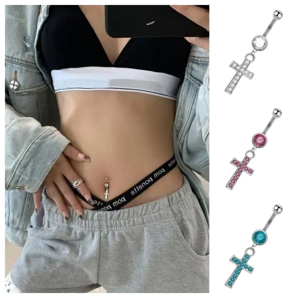 حجر الراين الصليب السرة الدائري الشرير كريستال الصليب البطن خاتم على شكل زر الغضروف الزركون ثقب البطن مجوهرات الطرف الديكور