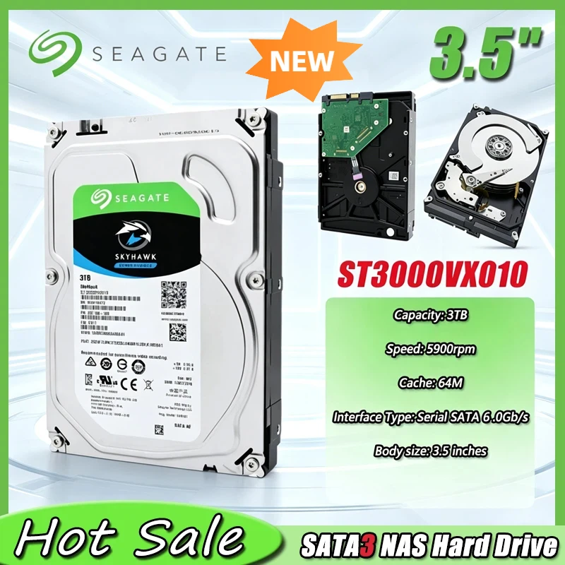 Disco Duro Interno Seagate ST3000VX010 de 3TB y 3.5'' para PC de Escritorio, Grabador de Vigilancia DVR, con SATA3 6Gb/s y 5900RPM