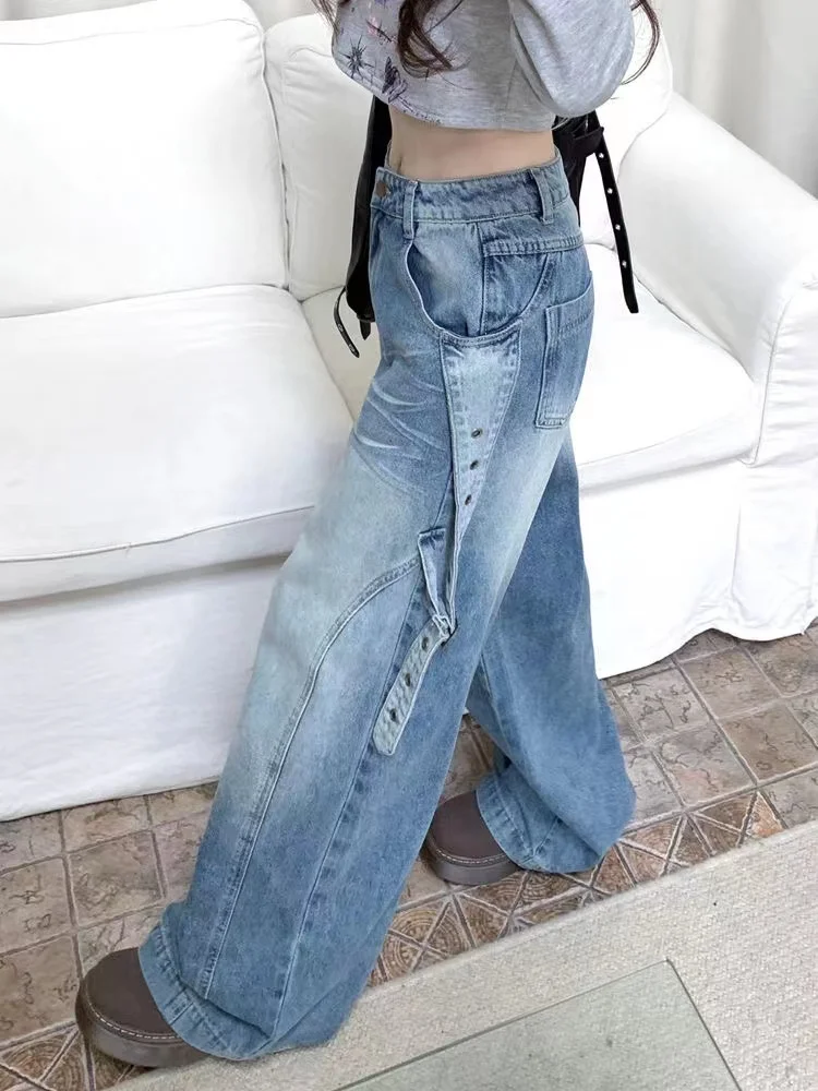 

Расклешенные джинсы для женщин, прямые, синие, повседневные, в стиле ретро, 2000-х годов, американская рваная женская одежда с рваными дырками, унисекс, базовая, простая, темная