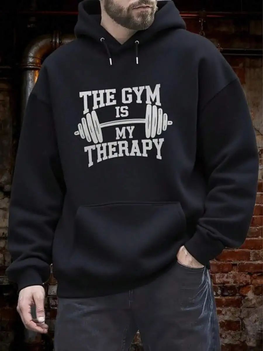 

Mens Heavyweight Workout Hoodie Featuring The Gym Is My Therapy Barbell Graphic Design