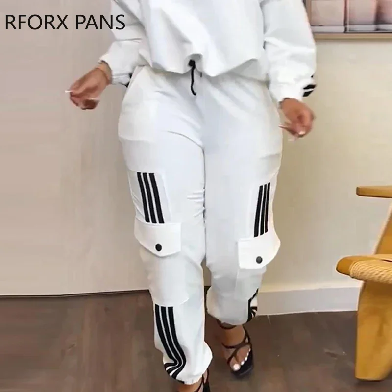 Women Chic Round Neck Multi Pockets Side Striped Sweatshirt Pants Sets