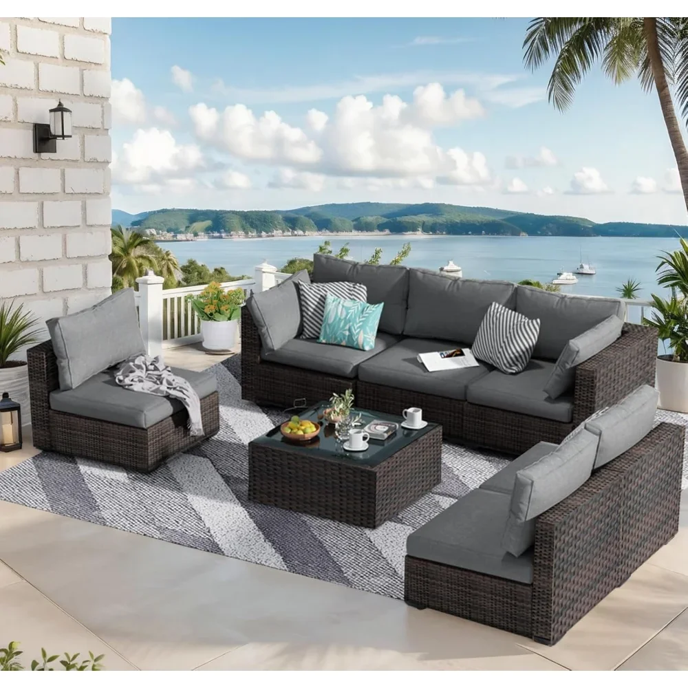 

Patio Furniture Set 7 Piece Outdoor Wicker Sectional Sofa, All Weather High Backrest PE Rattan