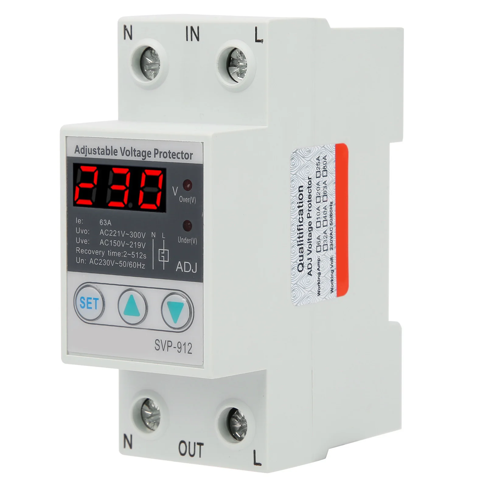 Protector de voltaje ajustable, relé Protector de voltímetro, recuperación de voltaje, 63A, 230VAC, 50Hz, SVP-912