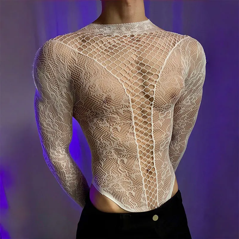 2026 New Men's Long Sleeve Tight-fitting T-Shirt Cutout Backless Short-Sleeve Sissy Top Round-Neck Sheer Summer Fitted Tank Vest