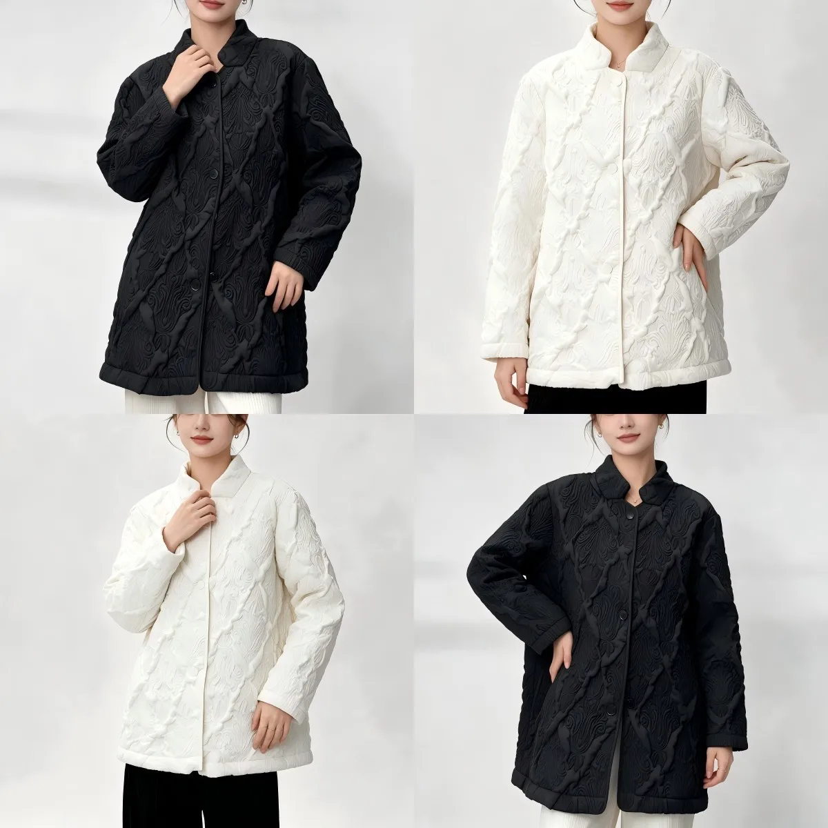 Miyake Women Embossed Jacquard Padded Jacket, Stand Collar Long Sleeve Loose Light Warm Quilted Coat