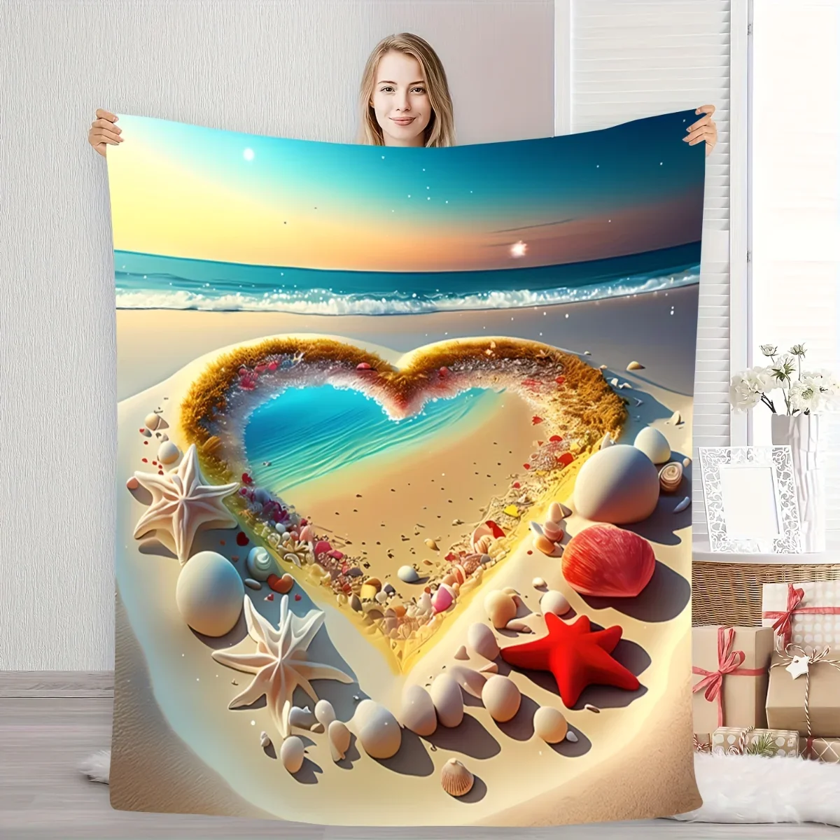 Heart-shaped beach seashell pattern flannel blanket for couples - soft and warm, suitable for camping, sofas, beds, and chairs,