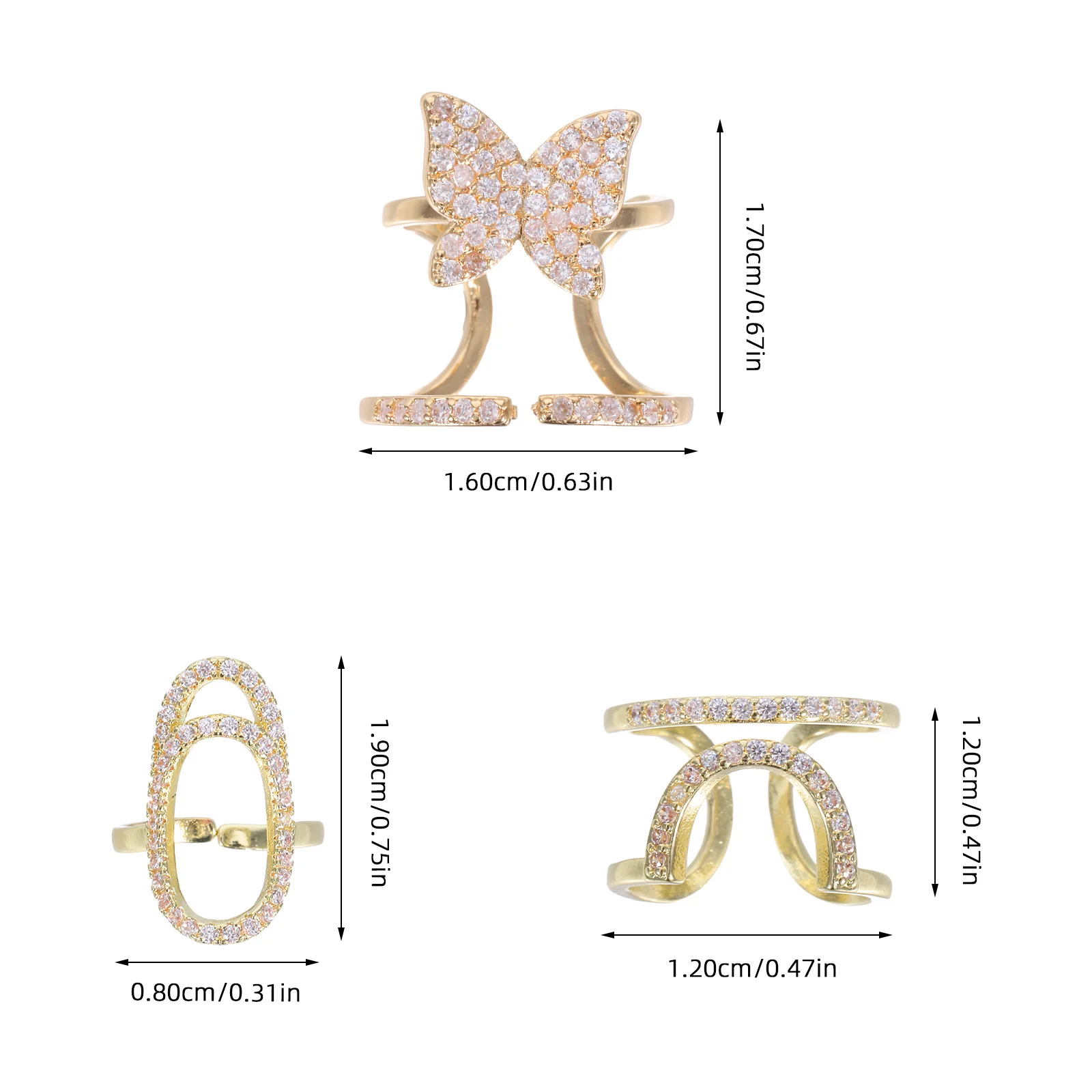 3 قطعة خواتم الأظافر للنساء الزركون البطانة مجوهرات الإصبع انفصال تألق اليد الجمال خواتم السيدات المألوف مجموعة كليب على #3