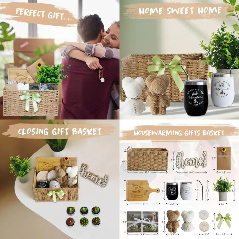 

Housewarming Gifts Basket: 18-Piece New Home Essentials with Faux Plants, Scented Candles, Bamboo Cutting Board
