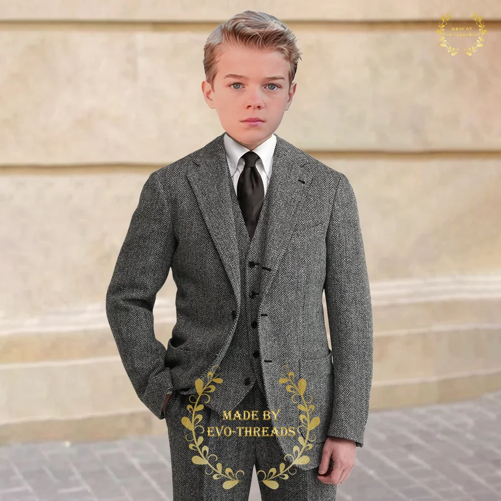 

Haute Couture Boys' 3-Piece Suit Grey Herringbone Jacket Vest Pants Slim Fit Set for Wedding Ball Xmas Party Kids Birthday Gift