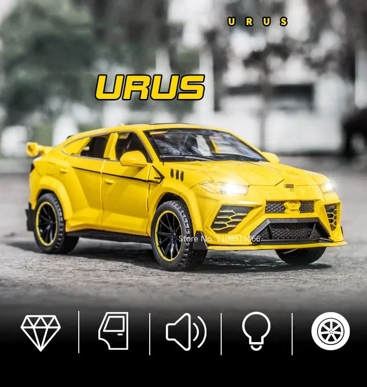 1:32 URUS Miniature Sports Car Model Toys Alloy Diecast Sound Light Doors Opened Pull Back Supercar Ornament Vehicles Kids Gifts