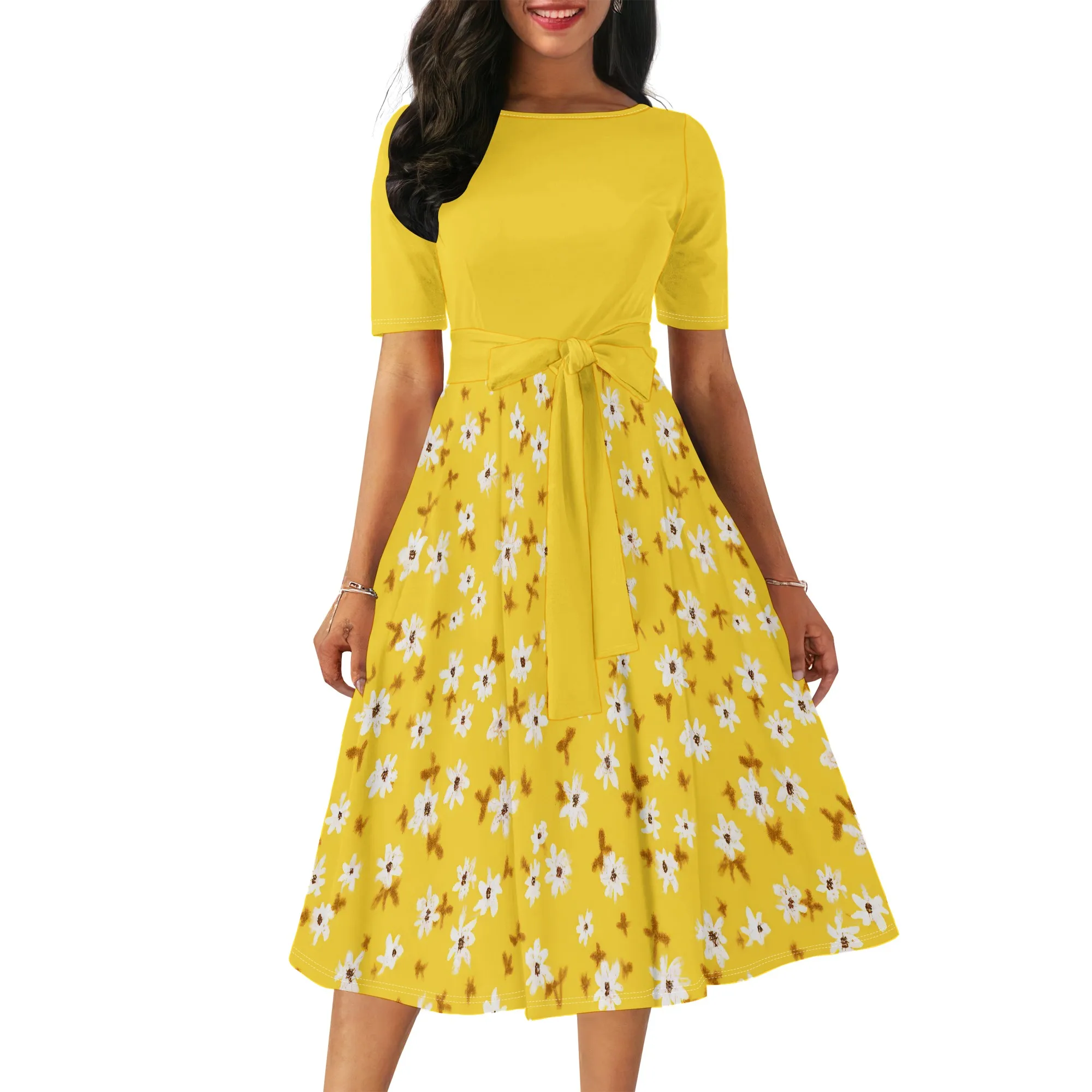 

Women 2025 Summer Dress Short Sleeve Crewneck Belt Midi Dress Floral Print Elegant A Line T-Shirt Dress with Pockets