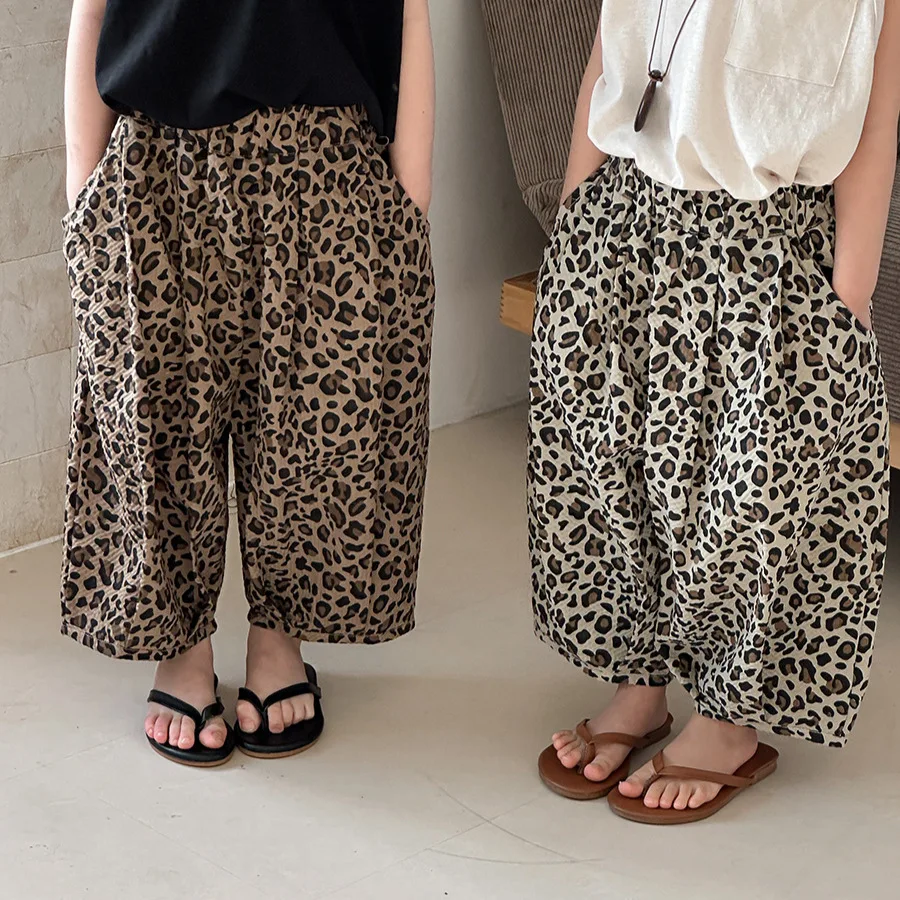 

Pants 2025 Summer New Childrens Clothing Boys and Girls Foreign Leopard Print Lantern Nine Minutes Pants Casual Simple Daily