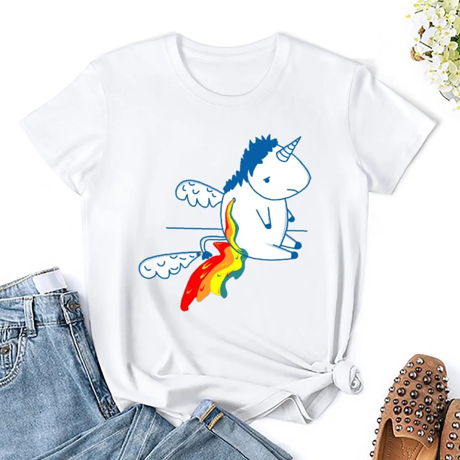 Round Neck Divertidos De UNICORNIO ARCOIRIS Unicornio Arcoiris T-shirt  Movement Tshirt Cute Casual Home