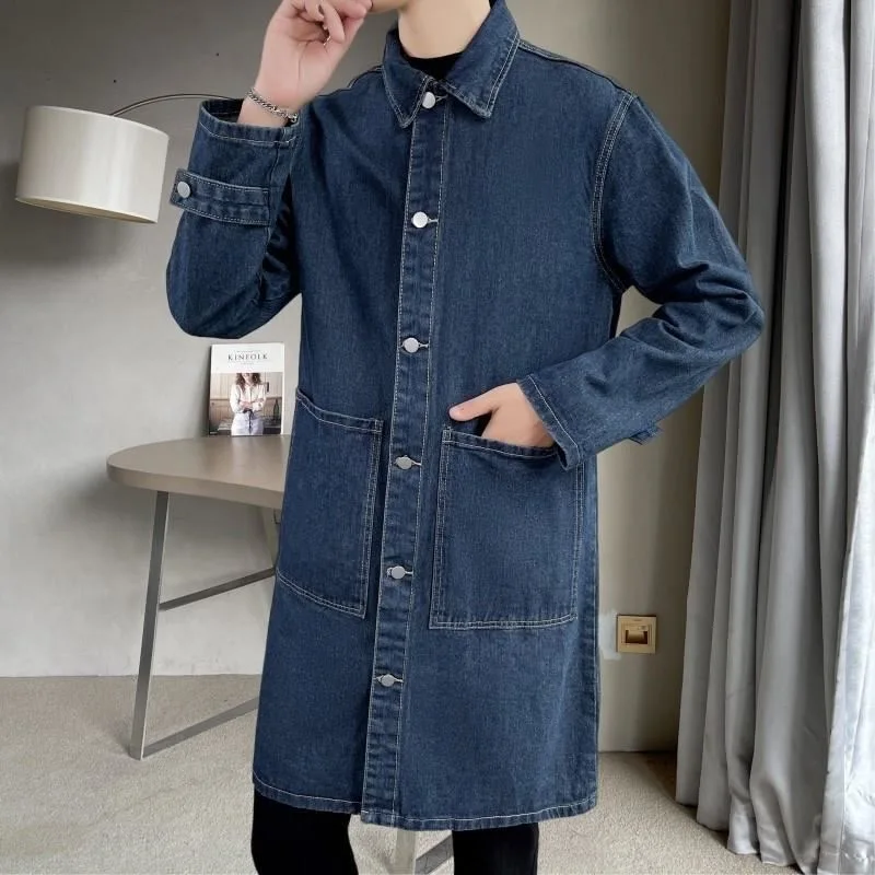 Vintage Denim Trench Coat Men Medium Long Styles Loose Tops Windbreaker Autumn Winter With Plush Thickening Overcoat Jacket WJ34