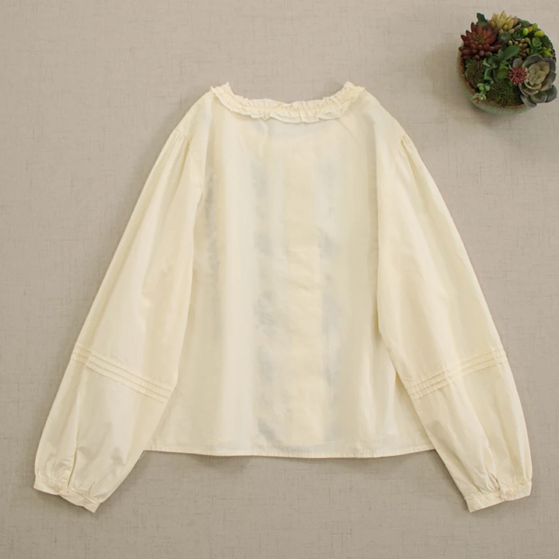 Mori Girl Sweet Embroidery Cotton Shirt Women Spring New O-Neck Long Sleeve Single Breasted Casual Loose Blouse Tops