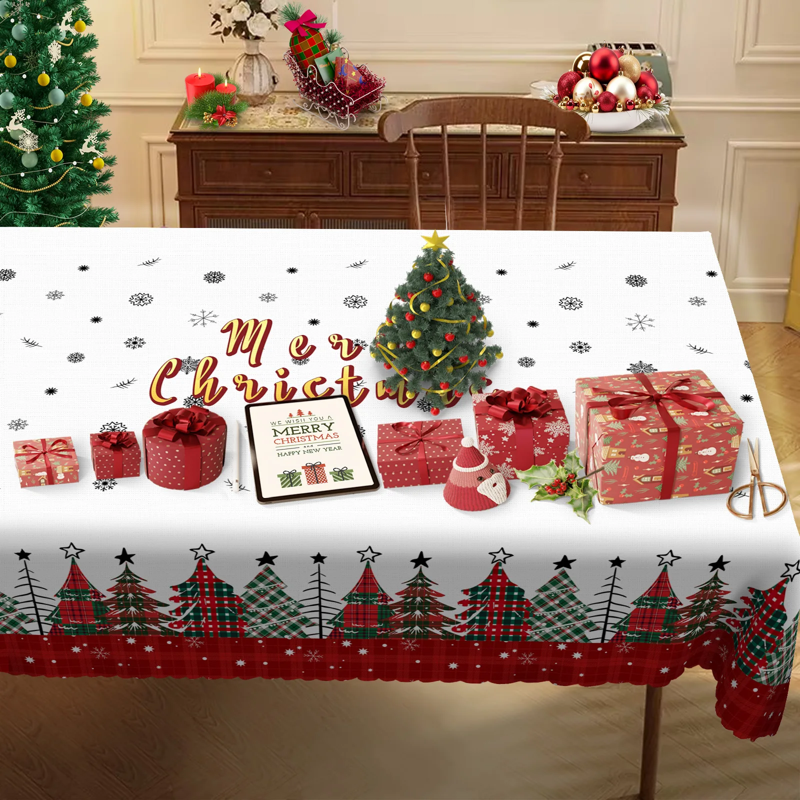 Weihnachtstischdecke mit Karomuster, klassisches rotes und grünes Karomuster, kariertes Weihnachtsbaum-Druckdesign, zentraler „Frohe Weihnachten“-Kunstdruck, geprägte Kante, wasserfest,