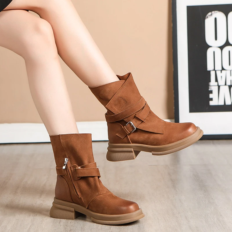 The First Layer of Cowhide British Retro Boots Female Ankle Boots Spring and Autumn Single Boots with Large Size Leather