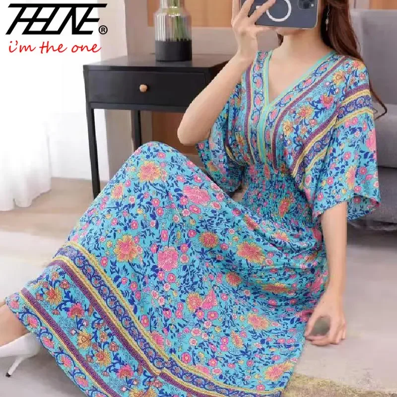 Long Women\'s Dress Boho Ethnic Bohemian Beach Cotton Blend Artificial Floral Short Sleeve V-neck Vintage Vacation Vestidos Robe