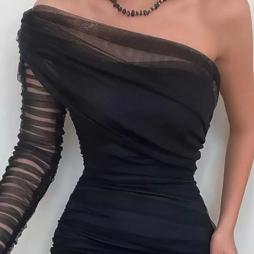 Dress for Women Streetwear New Autumn 2024 Elegant Party One Shoulder Ruched Sheer Mesh Skirt Sexy Evening Dresses for Female