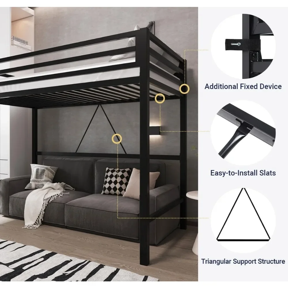 Metal Loft Bed Twin Size with Full Length Guardrail No Box Spring Needed Bed Frame